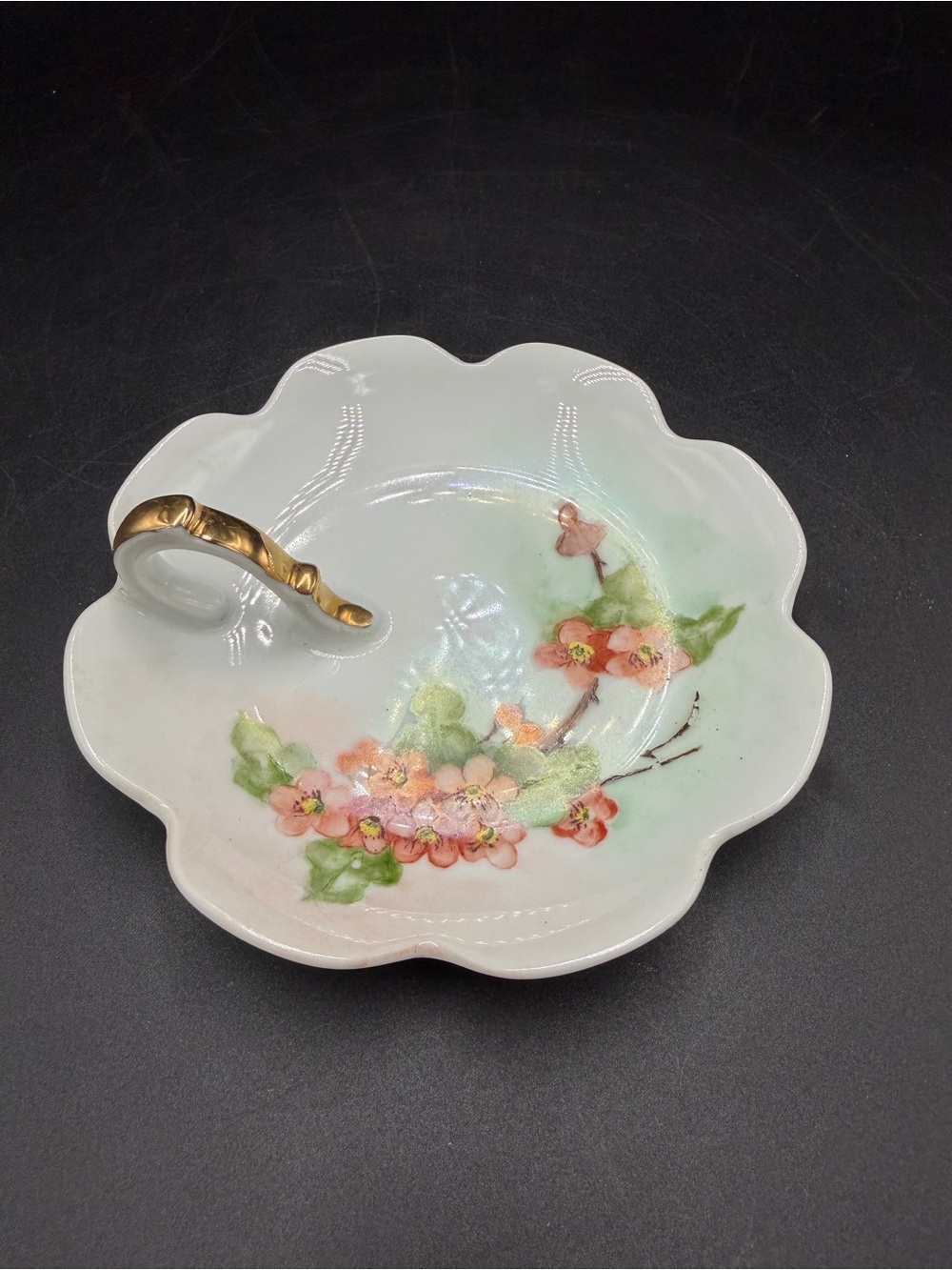 Vintage Porcelain Trinket Dish With Finger Loop Hand Painted Dainty Floral